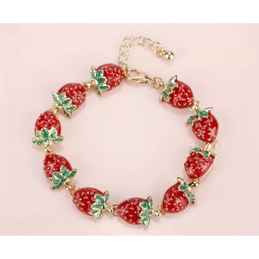 Strawberry Tennis Bracelet Enamel Red Bangle Green‎ NWT